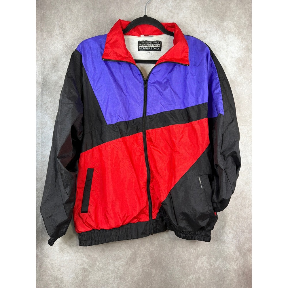 VTG 90s Members Only‎ Windbreaker Size XL Red Purple Black Colorblock Full Zip
